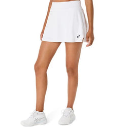 White tennis skirt with a brand logo worn by a person on a white background
