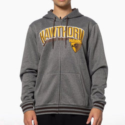 Person wearing a gray hoodie with 'Hawthorn Hawks' branding on a white background