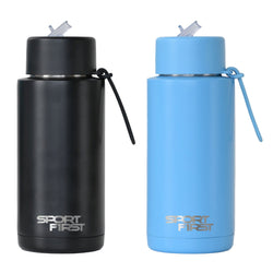 Black and blue insulated bottles with 'Sport First' branding on a light gray background
