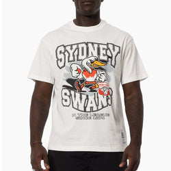 Person wearing a white t-shirt with 'Sydney Swans' logo on a white background