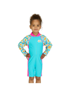 Child wearing a colorful swimsuit with floral pattern on a white background