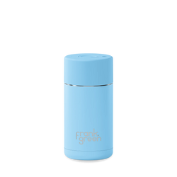 Light blue thermos bottle with 'Freshly' branding on a white background