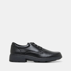 Black leather dress shoe on a white background