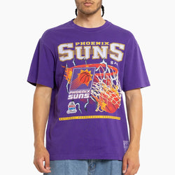 Person wearing a purple Phoenix Suns t-shirt on a white background