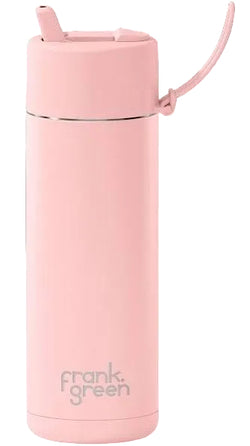 Pink reusable water bottle with a straw on a white background, branded 'frank green'.