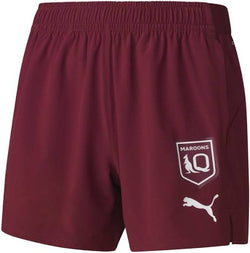 Maroon shorts with a logo on a white background
