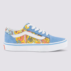 Blue sneaker with colorful pattern on a white background